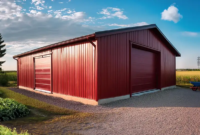 affordable metal garage kits. Red building with a garage door.