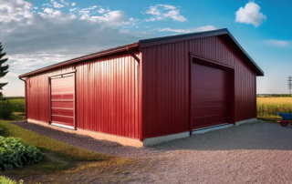 affordable metal garage kits. Red building with a garage door.