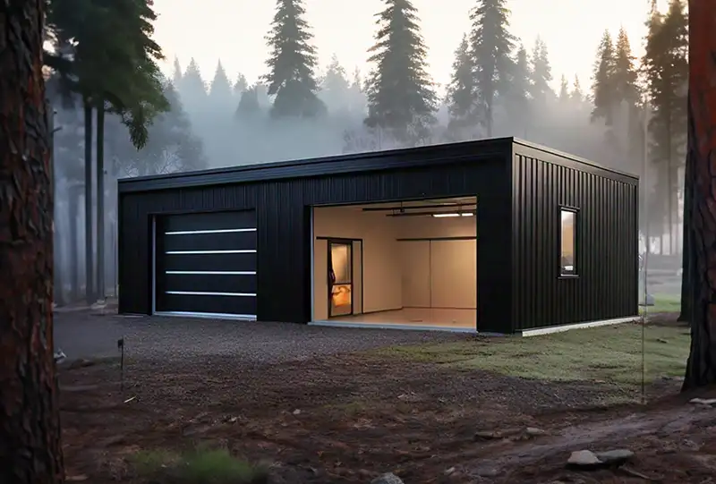 A Black Prefabricated Steel Garage in the Woods